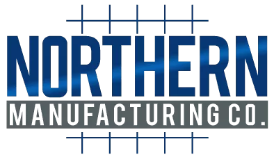 Logo of Northern Manufacturing Co. in blue and gray, showcasing expertise in stainless steel fabrication and custom precision metal fabrication with a modern grid background.